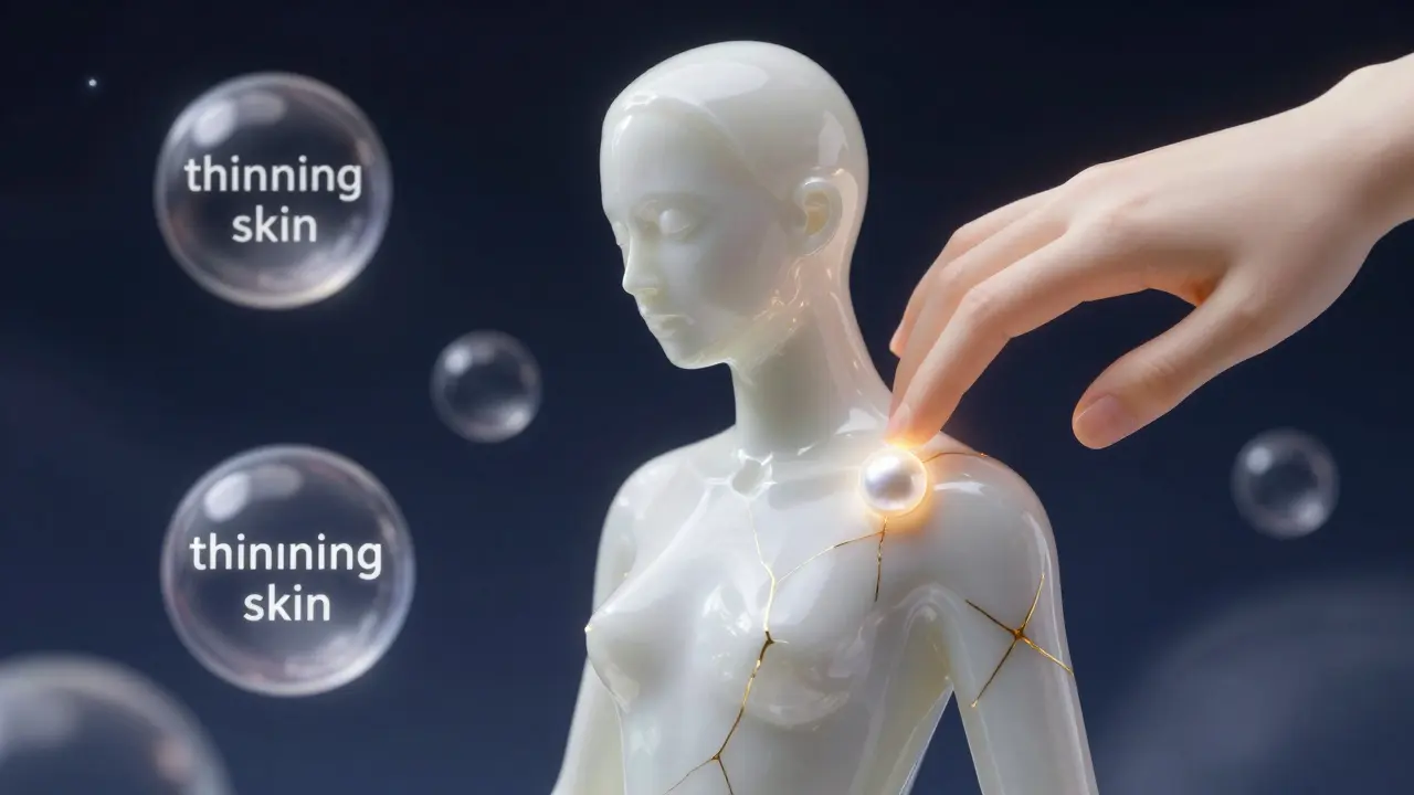 Surreal art of a porcelain silhouette receiving a glowy cream drop to symbolize careful skin treatment