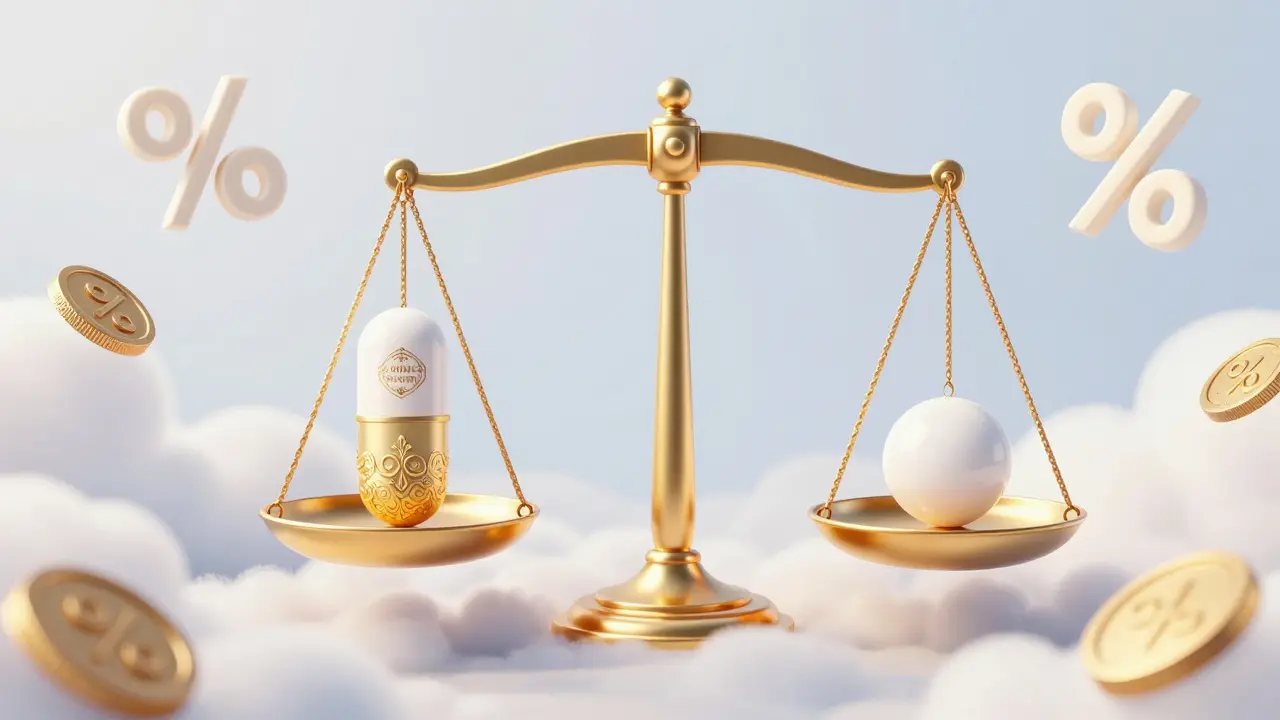 Surreal depiction of a brand-name pill and a generic pill balancing on a golden scale.