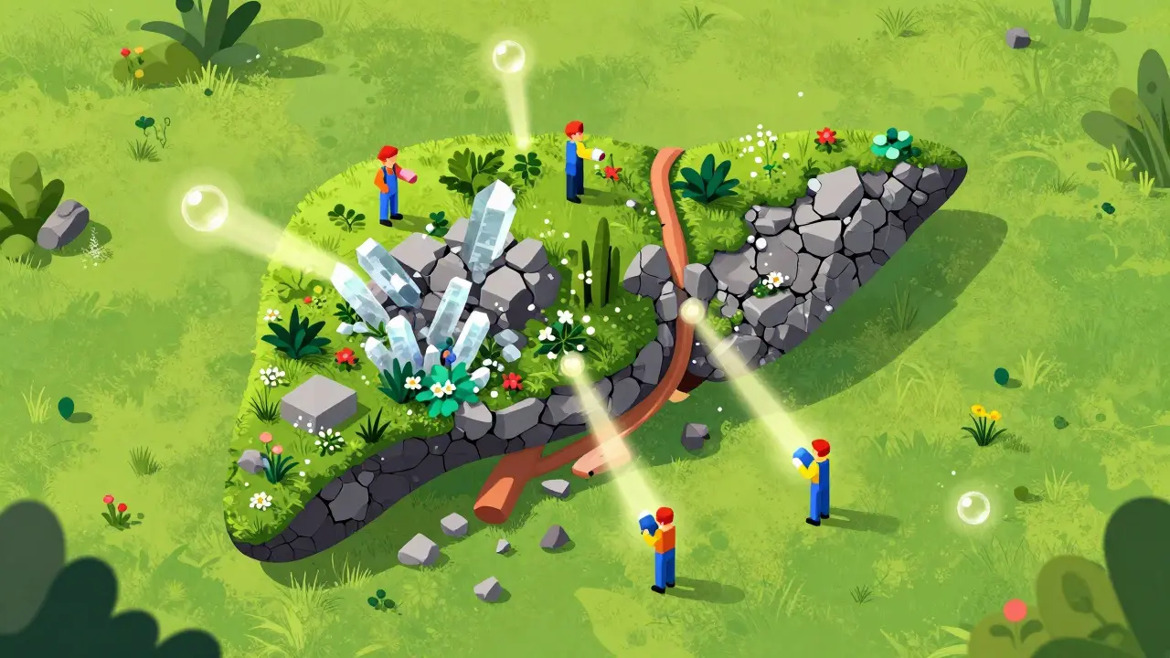 Surreal depiction of a liver garden being healed from stone cracks by colorful pills.