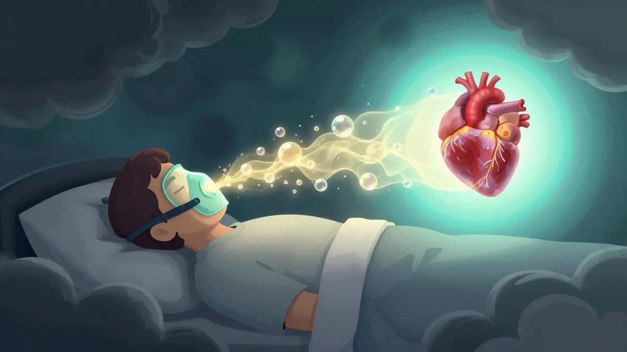 Surreal depiction of a person using a CPAP machine to clear away dark clouds and restore heart health.