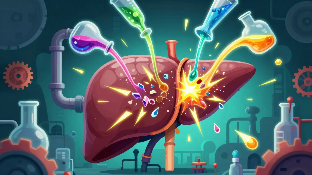 Surreal depiction of different medications as colorful streams creating sparks within a stylized liver.
