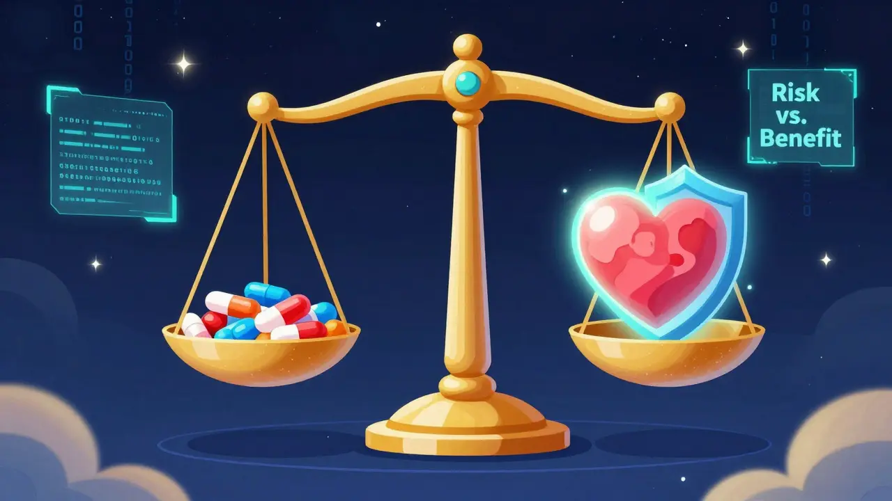 Surreal golden scale balancing medicine pills against a glowing heart and protective shield.