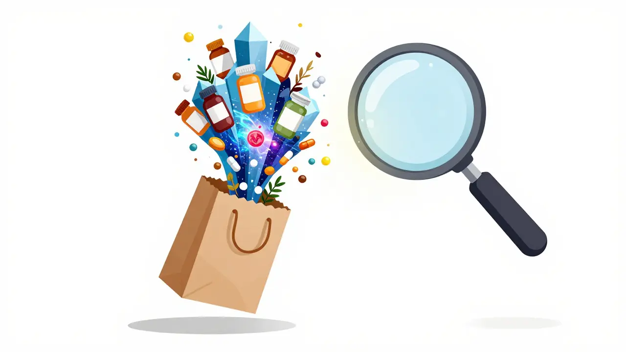 Surreal illustration of a brown paper bag releasing an organized spiral of supplements.